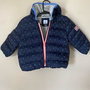 GAP Navy Dot Puffer Jacket with Bear Ears and Pink Zipper